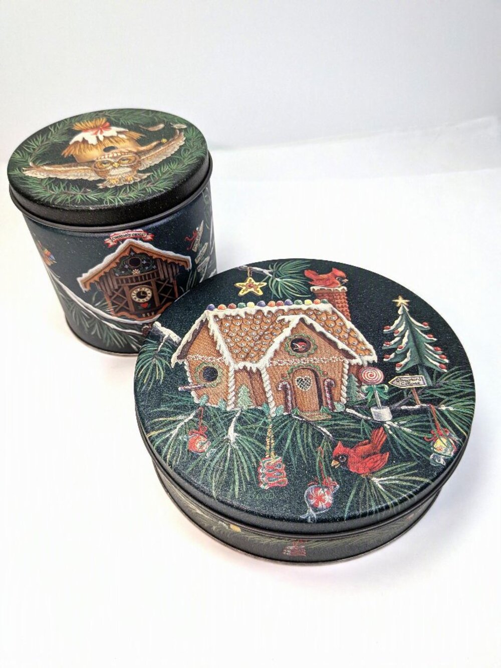 Vintage Winter Tins Black Background Owl Cuckoo Clock Gingerbread House Lot of 2